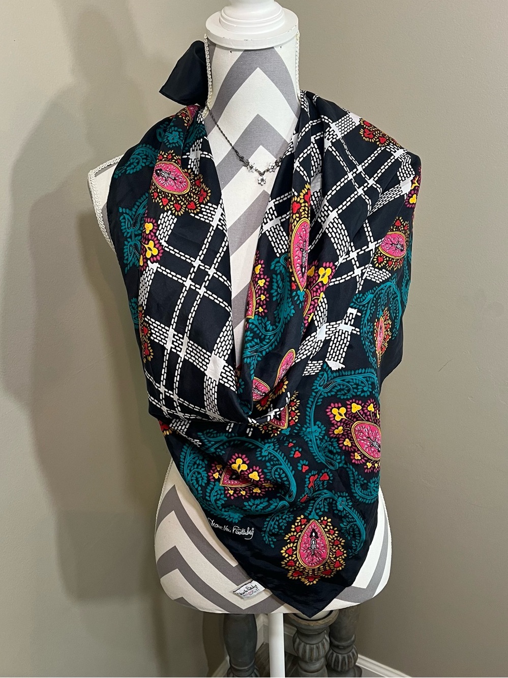 Diane Von Furstenberg 100% Silk Black Plaid Scarf with Pink and Teal Paisley